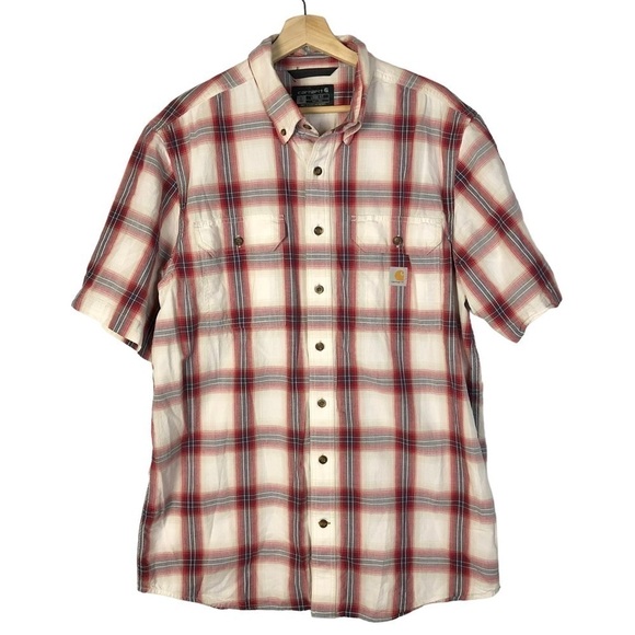 Carhartt Tall Red & White Plaid Loose Fit Short Sleeve Button Down L - Picture 1 of 4